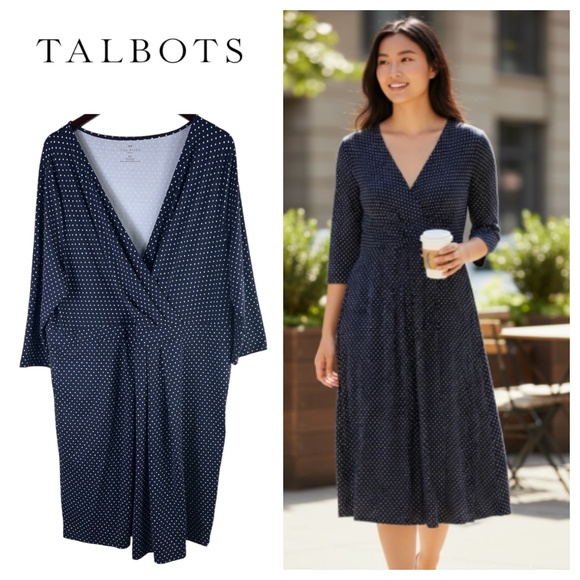 Talbots Faux Wrap Dress Sz 22W 3X Polka Dot Navy Blue V-Neck Slimming Stretch - Picture 1 of 3